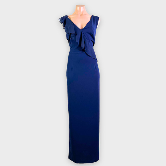 connected apparel Dresses & Skirts - Connected Apparel Plunge V-Neck Ruffle Sleeveless Maxi Dress Navy Blue Sz 12 NEW